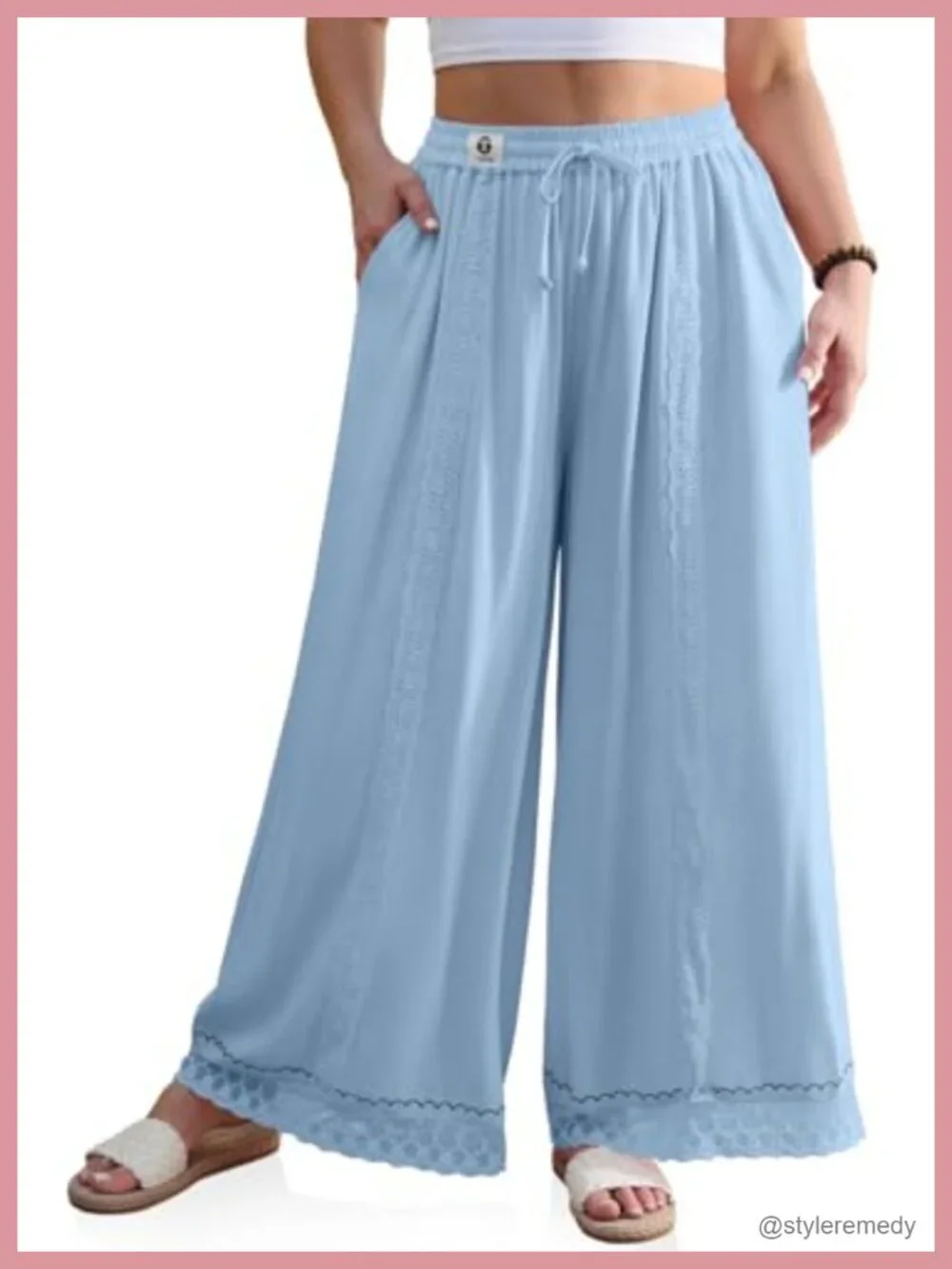 Linen Wide Leg Pants Loose Boho Lounge Beach Vacation Flowy Lace Summer Pants